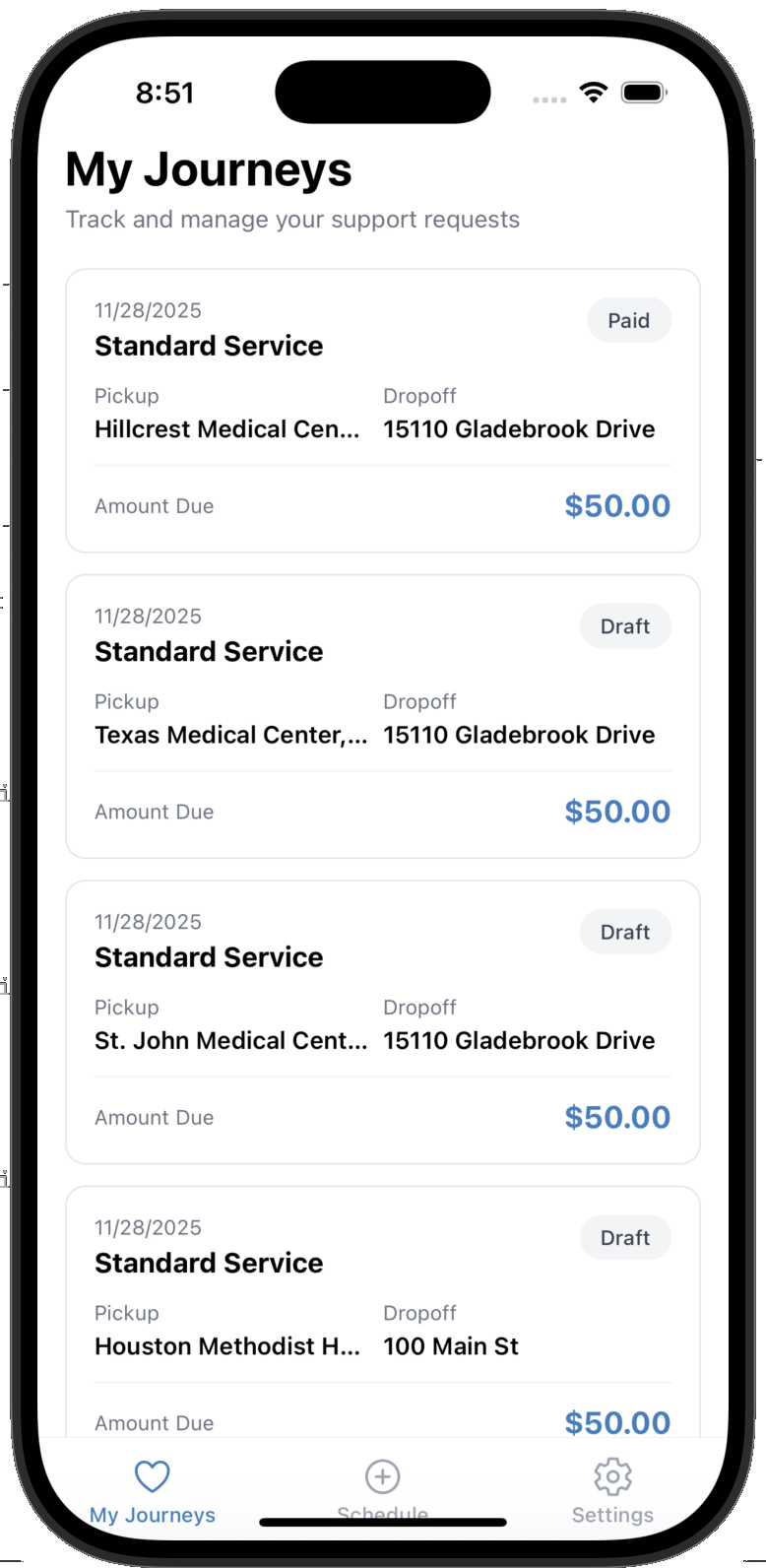 NextStep app My Journeys screen